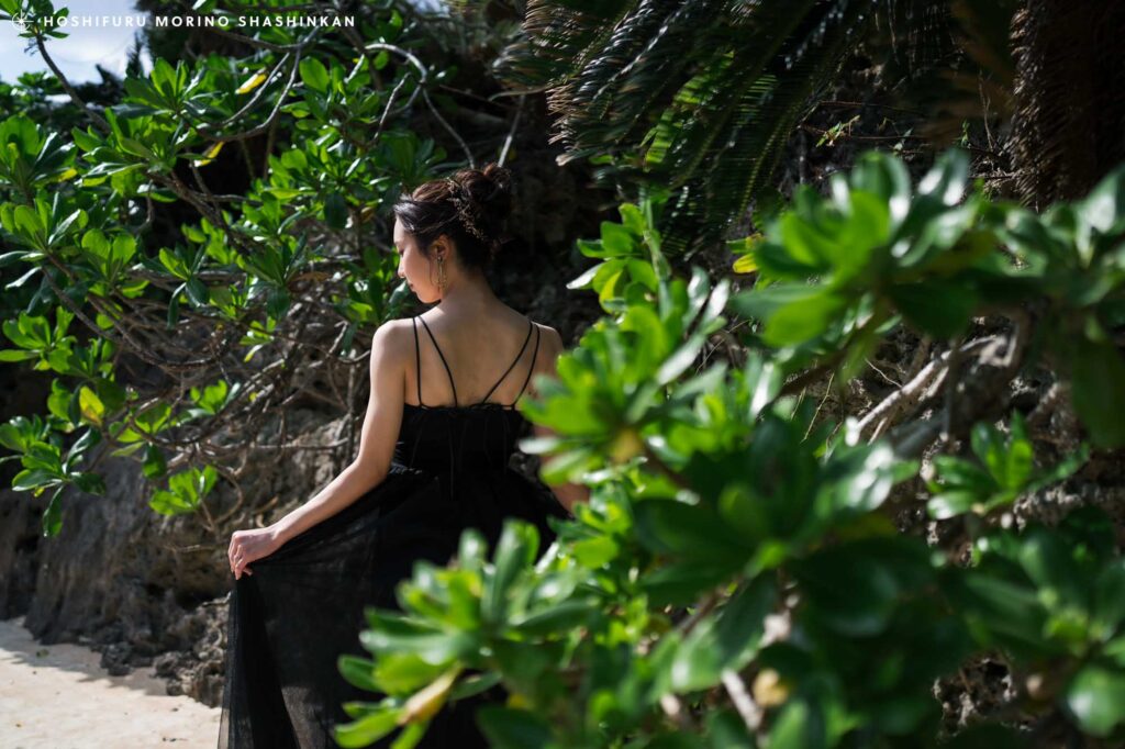 ウドノスビーチでドレスを持つ花嫁
